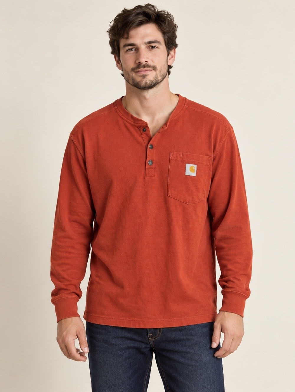 Carhartt Thermal Henley Shirt Mens Medium Rust Red Waffle Knit Relaxed Fit